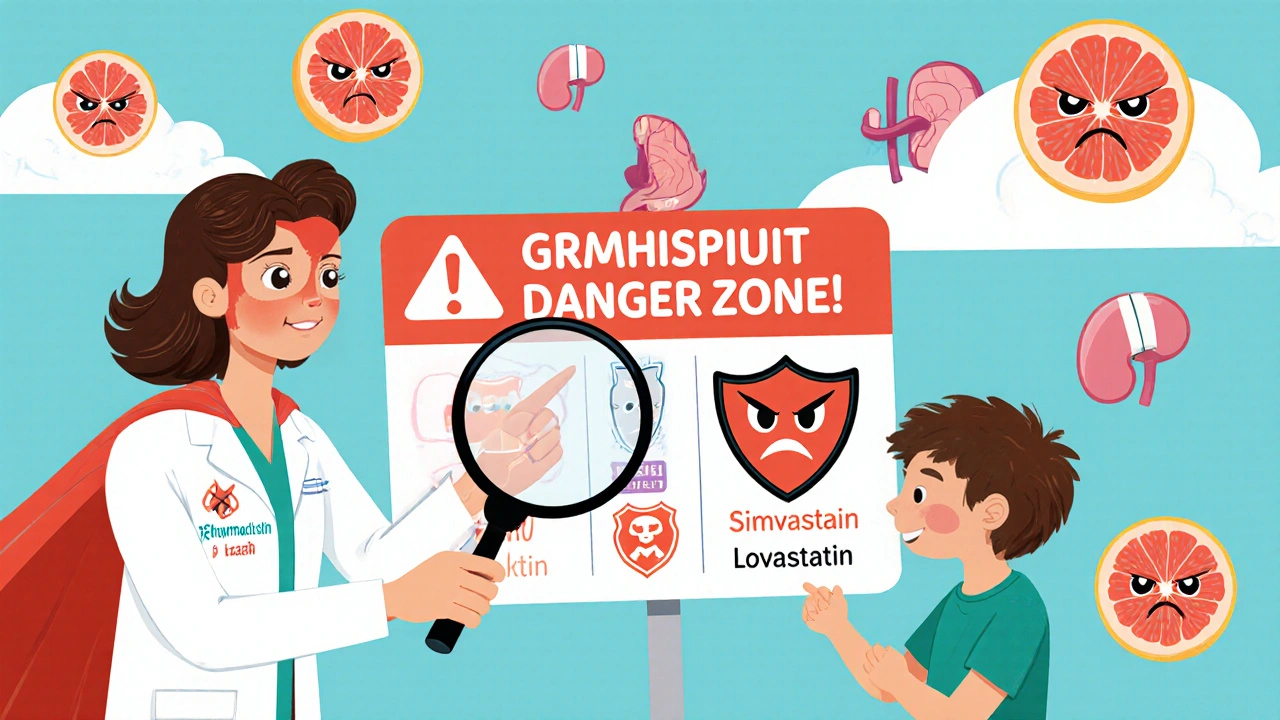 A pharmacist explains statin risks using a chart, with grapefruits frowning and a muscle with a bandage nearby.