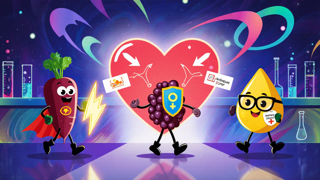 Beetroot, grape seed, and fish oil characters marching toward a glowing cartoon heart.