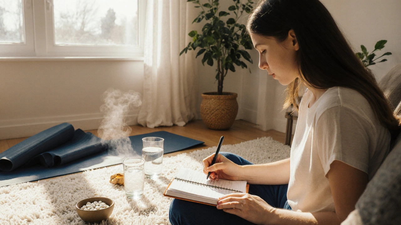 Bright scene of someone writing in a headache diary with wellness items and yoga gear.