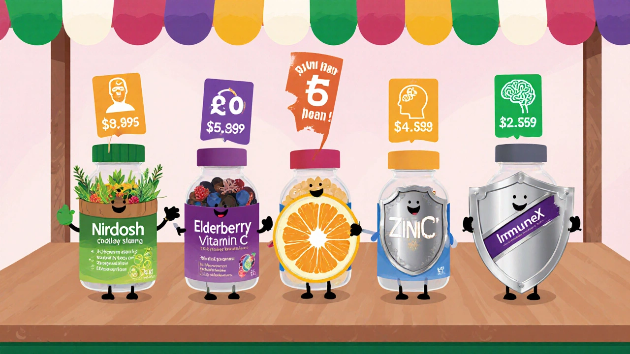 Cartoon characters compare Nirdosh, Elderberry, Vitamin C, Zinc, and ImmuneX with price and benefit icons.