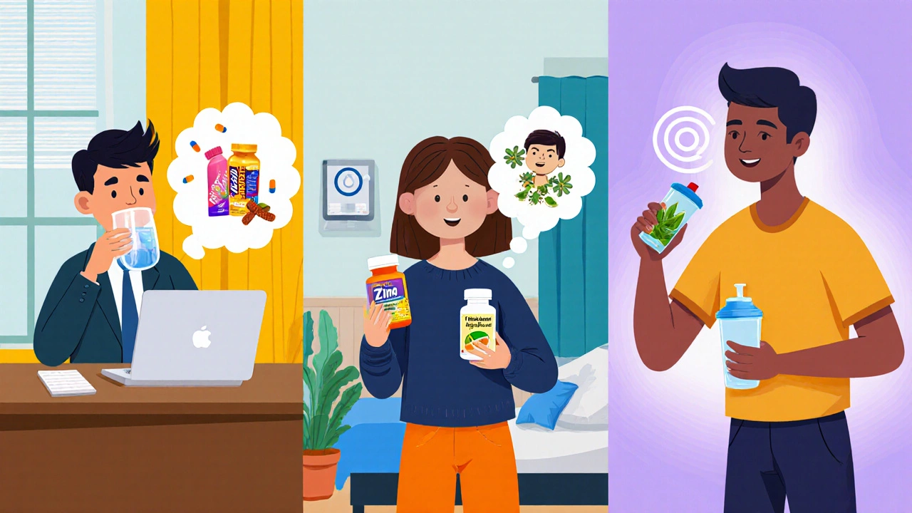 Cartoon panels show a professional, student, and athlete using different supplements for health.