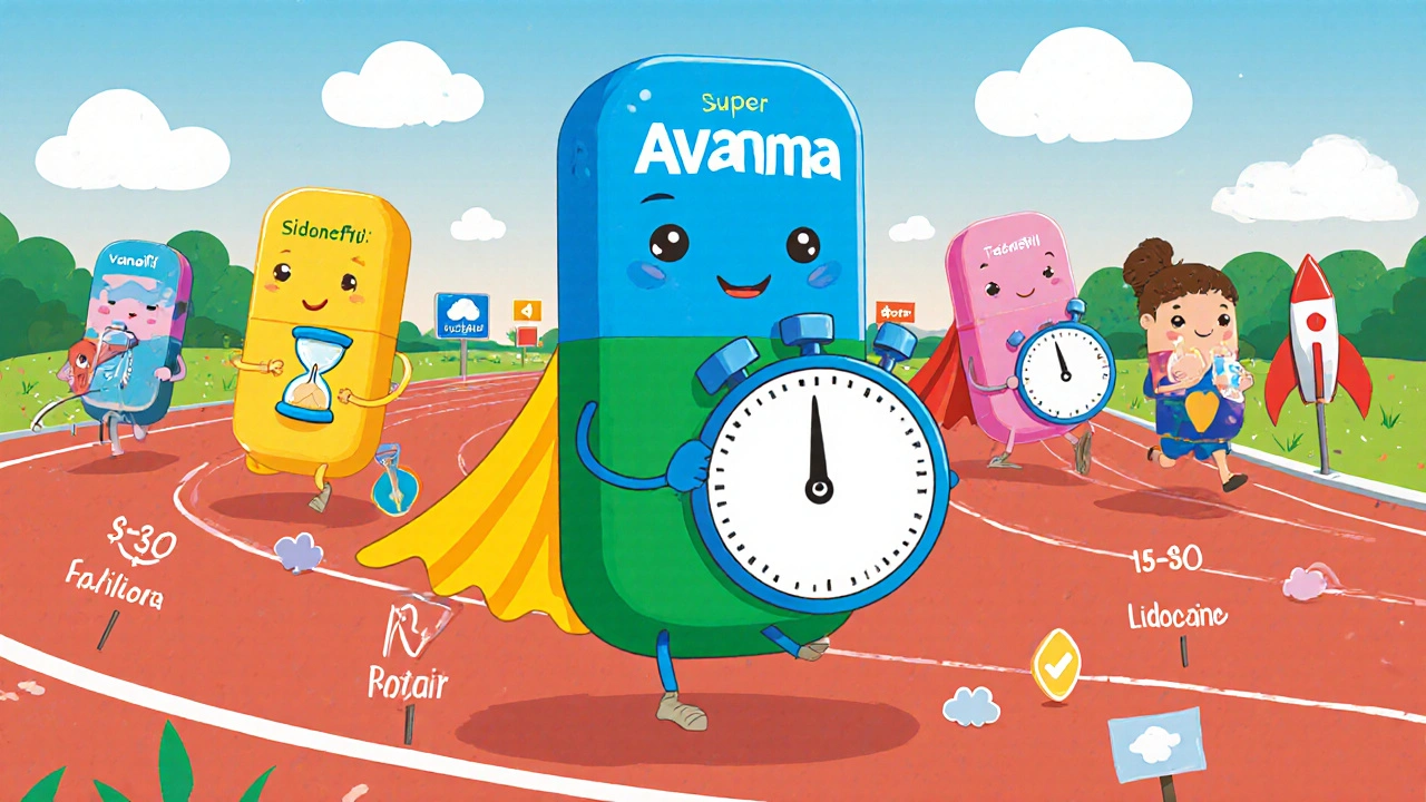 Cartoon tablets racing on a track comparing onset, duration, and cost.
