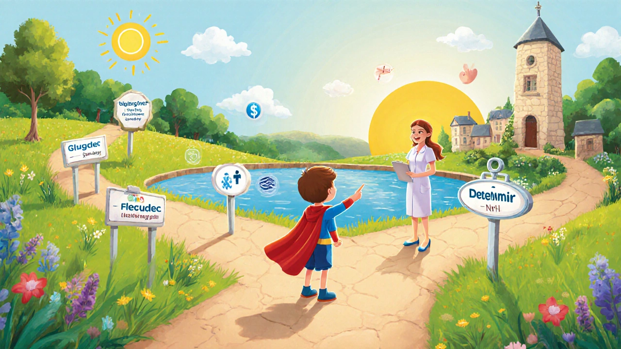 Child at a garden fork choosing between Glargine, Degludec, Detemir, and NPH with a nurse guiding the decision.