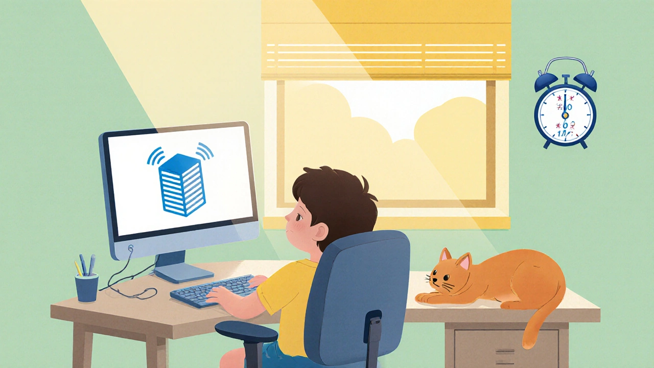 Child at ergonomic desk using blue‑light filter, 20‑20‑20 rule, and feeling relaxed.
