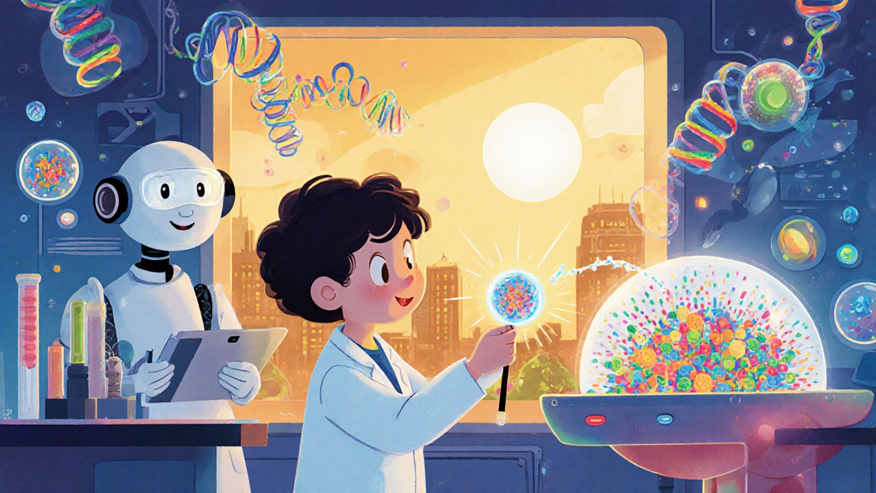 Child watches scientists edit a glowing stem cell that brightens a cartoon bone.