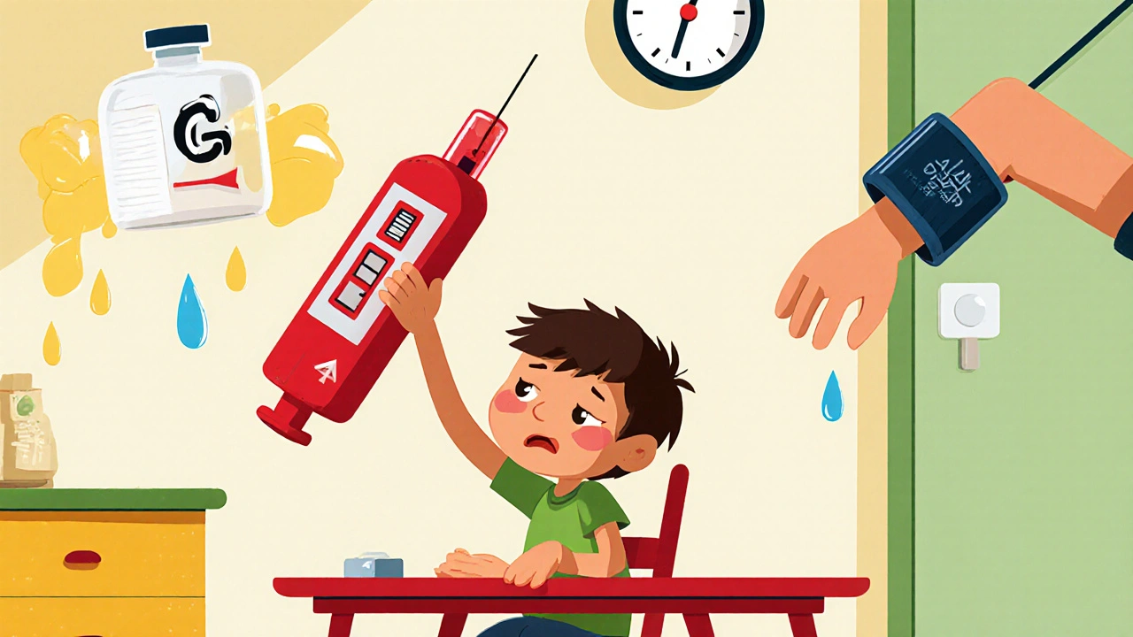Child with low glucose meter and blood pressure cuff, surrounded by an insulin syringe and extra dose droplets.