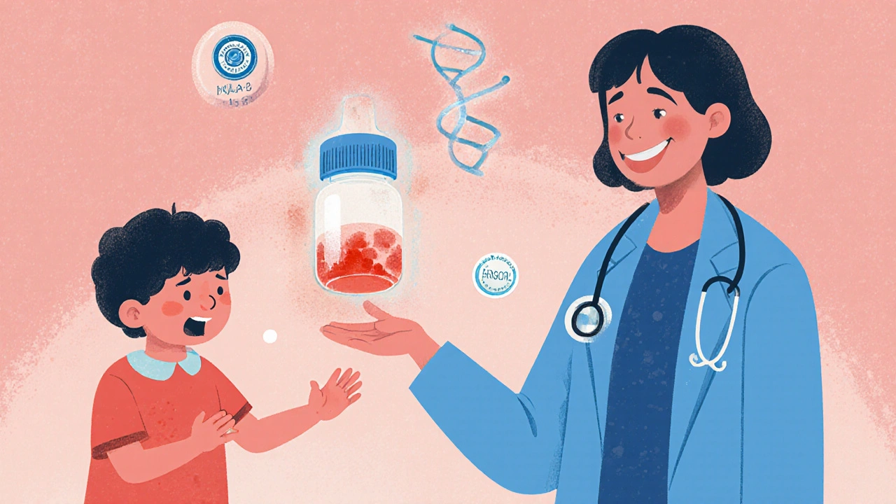 Child with rash as doctor stops a penicillin bottle, DNA helix floats above indicating genetic testing.