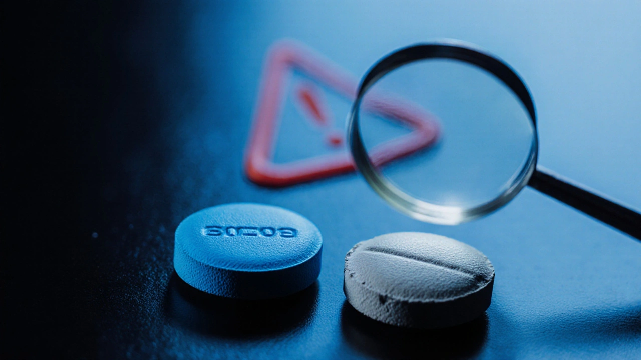 Close-up of an authentic blue tablet beside a dubious pale pill, with a magnifying glass highlighting counterfeit risk.