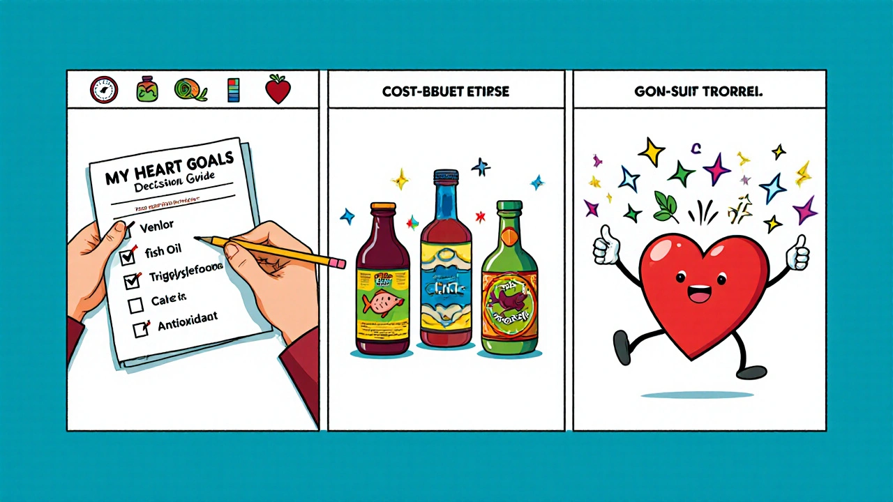 Comic strip showing a checklist, supplement comparison, and happy heart choosing a bottle.