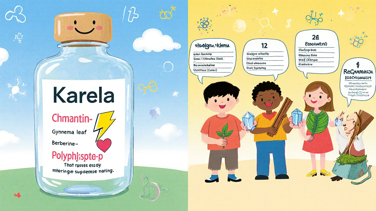 Comparison scene with Karela and other supplement characters showing icons for dosage, cost, safety, and evidence.