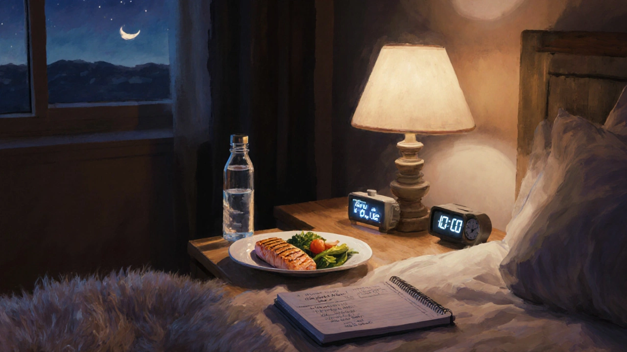 Cozy bedroom night routine with dinner, water bottle, journal and soft lighting.