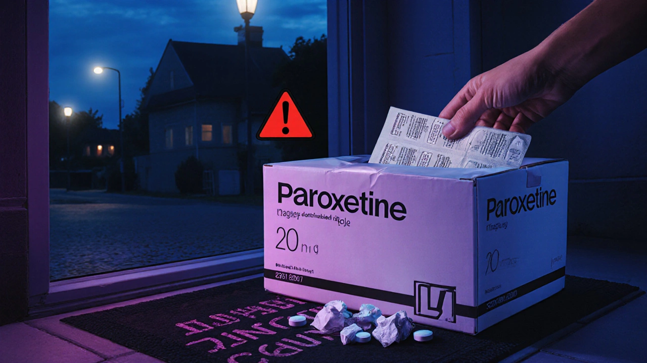 Delivery box opened to genuine tablets on one side and suspicious counterfeit pills on the other.