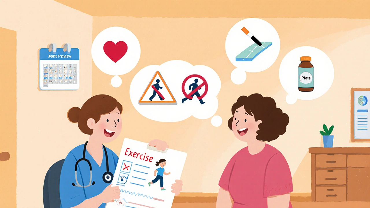 Doctor and patient discussing treatment options with icons for walking, heart health, and meds.