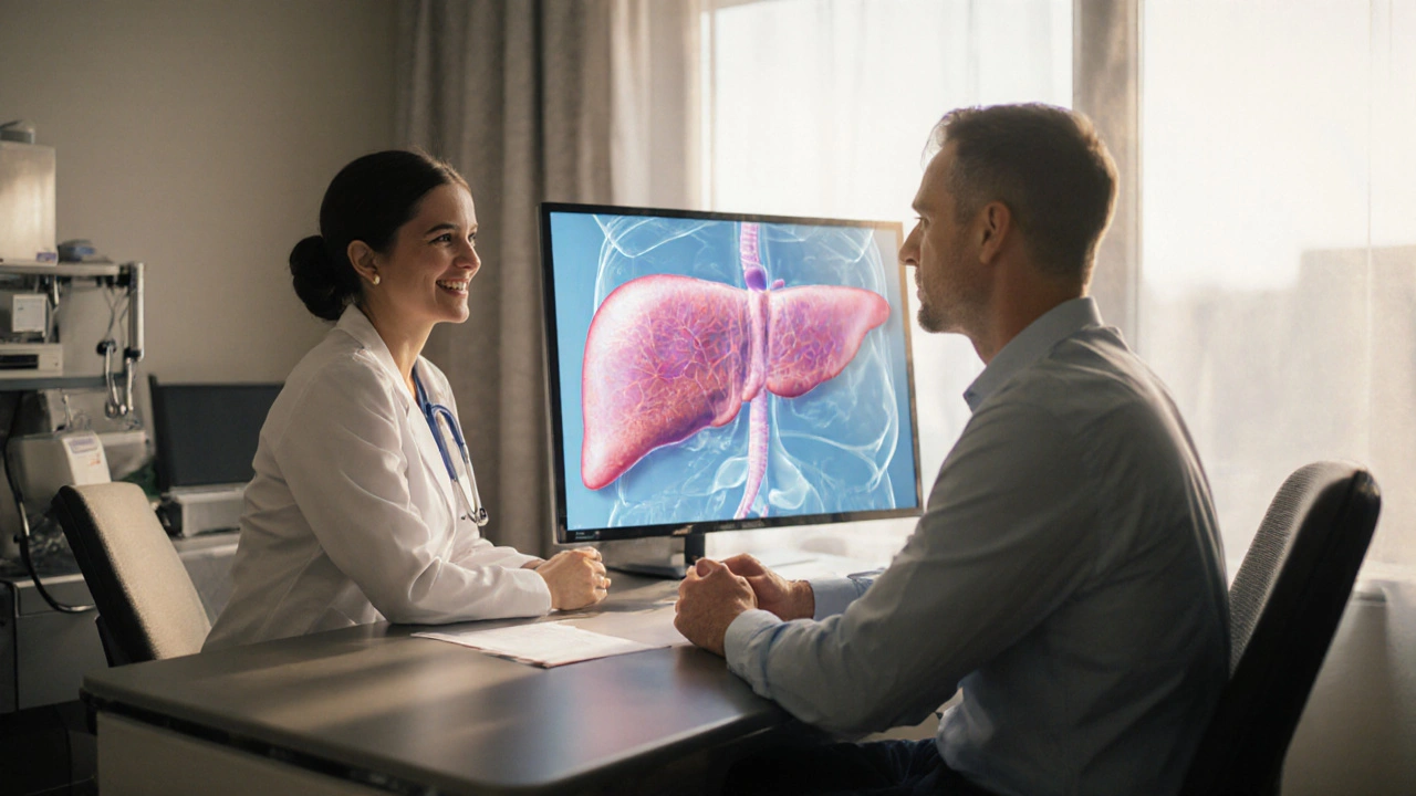 Doctor consulting patient while a screen displays a liver improving after antiviral therapy.