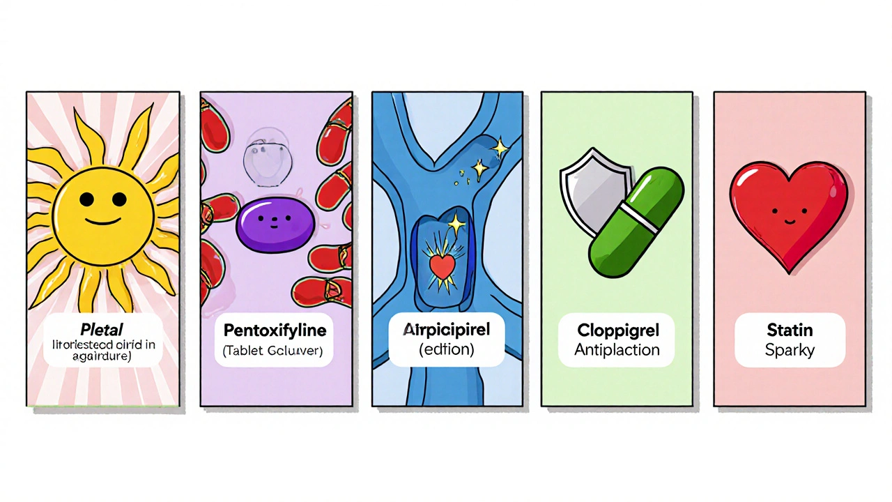 Five cartoon panels each showing a PAD drug with simple visual symbols of their effects.