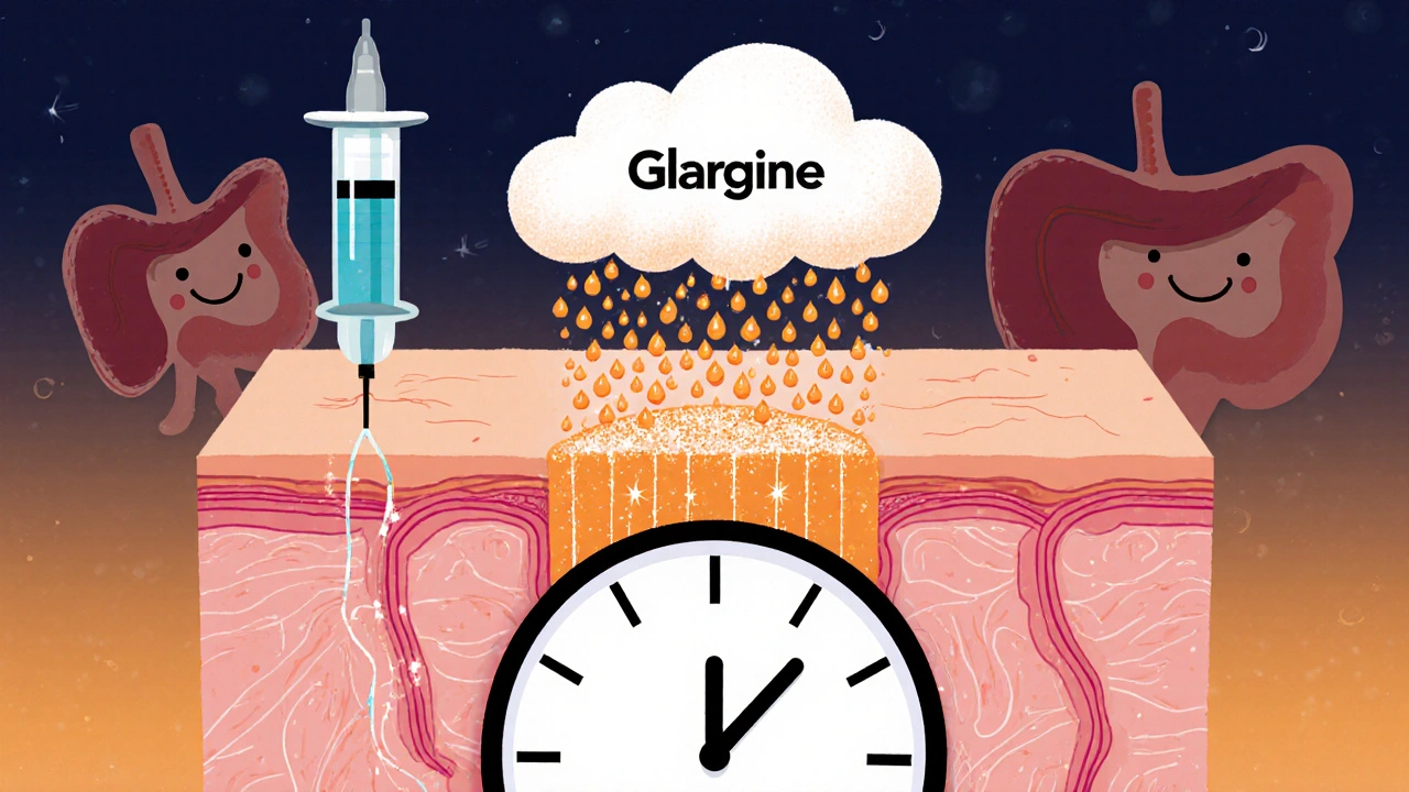 Illustration of insulin glargine injection forming a steady cloud of droplets that release continuously over 24 hours.