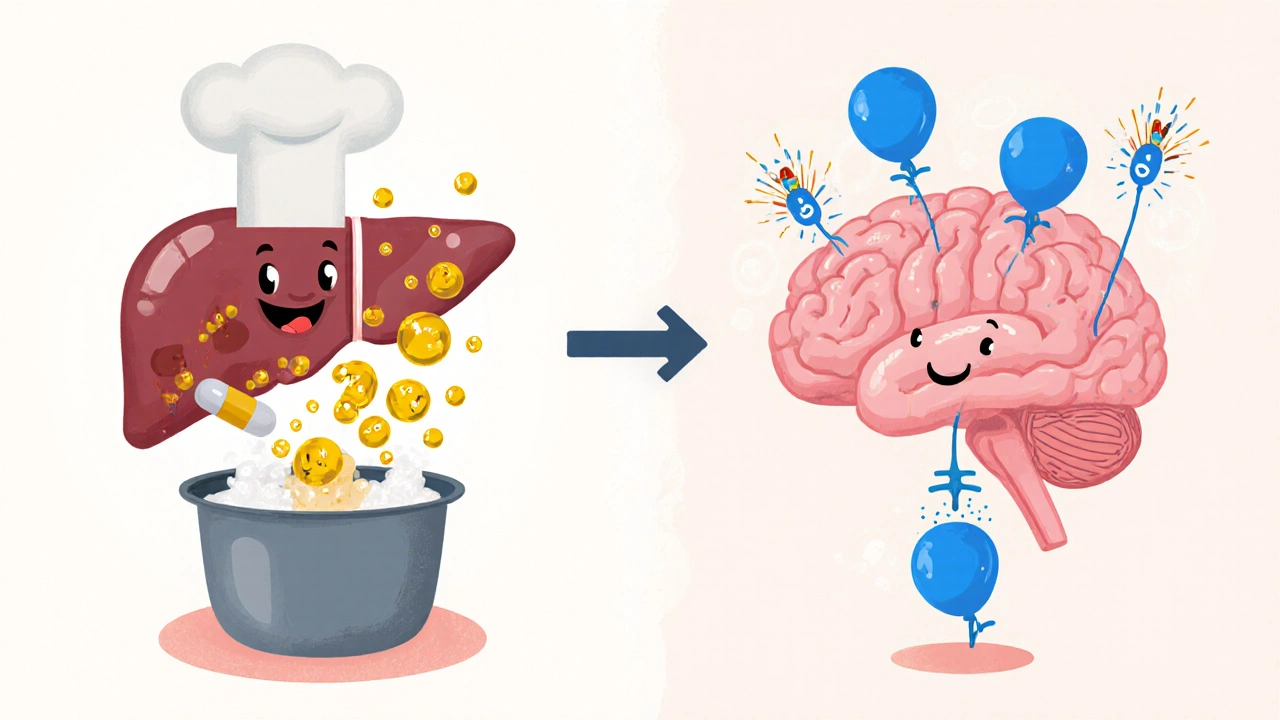 Illustration of liver converting Primidone to phenobarbital, calming brain neurons.
