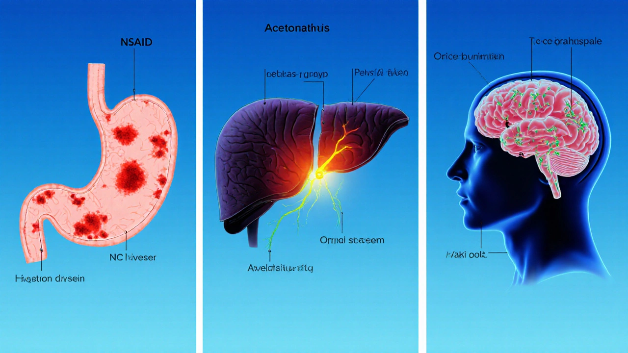 Illustration showing stomach ulcer, liver damage, and brain pain pathways from overused meds.