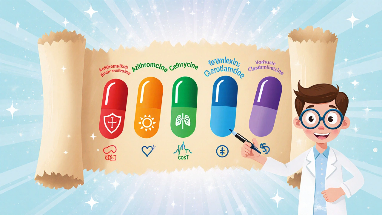 Magic scroll comparing five antibiotics with icons for spectrum, side effects, and cost.
