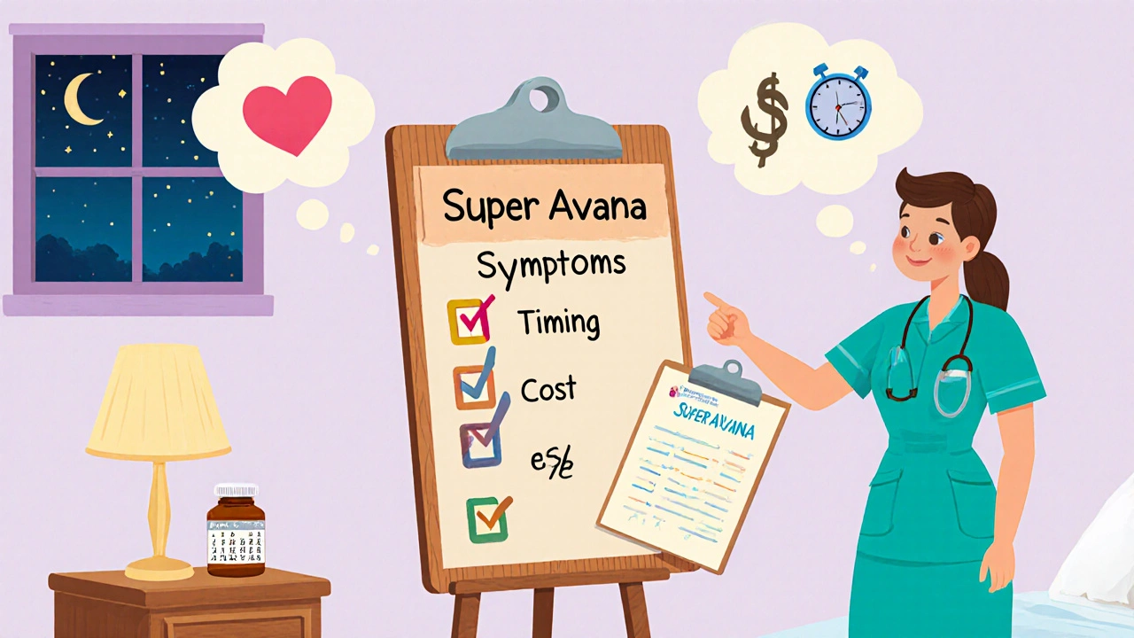Man checking a checklist with nurse, showing symptoms, timing, and cost bubbles.