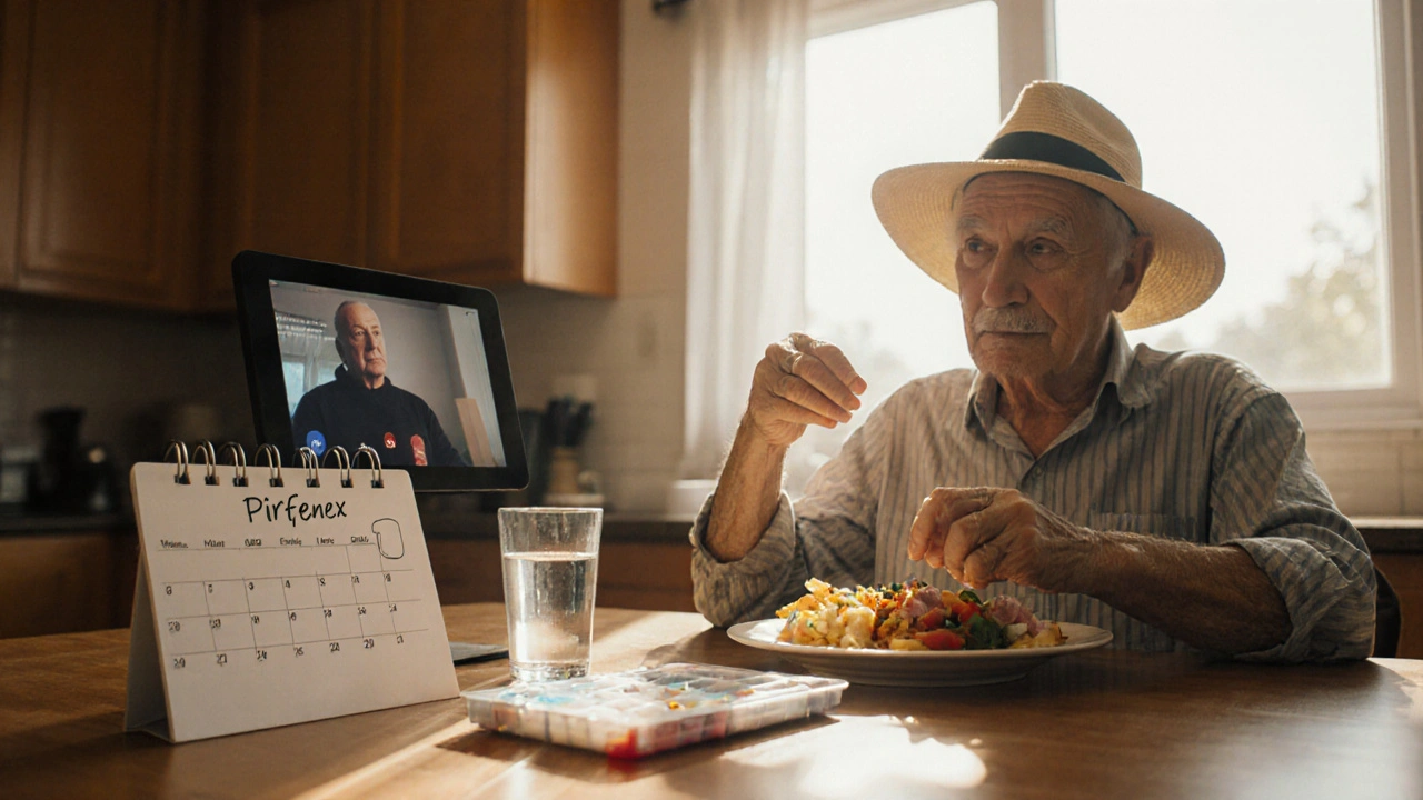 Older patient taking Pirfenex at a sunny kitchen table, with sunscreen and health reminders.