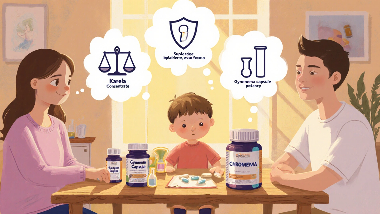 Parent and child at a kitchen table surrounded by supplement bottles, with thought bubbles of decision factors.