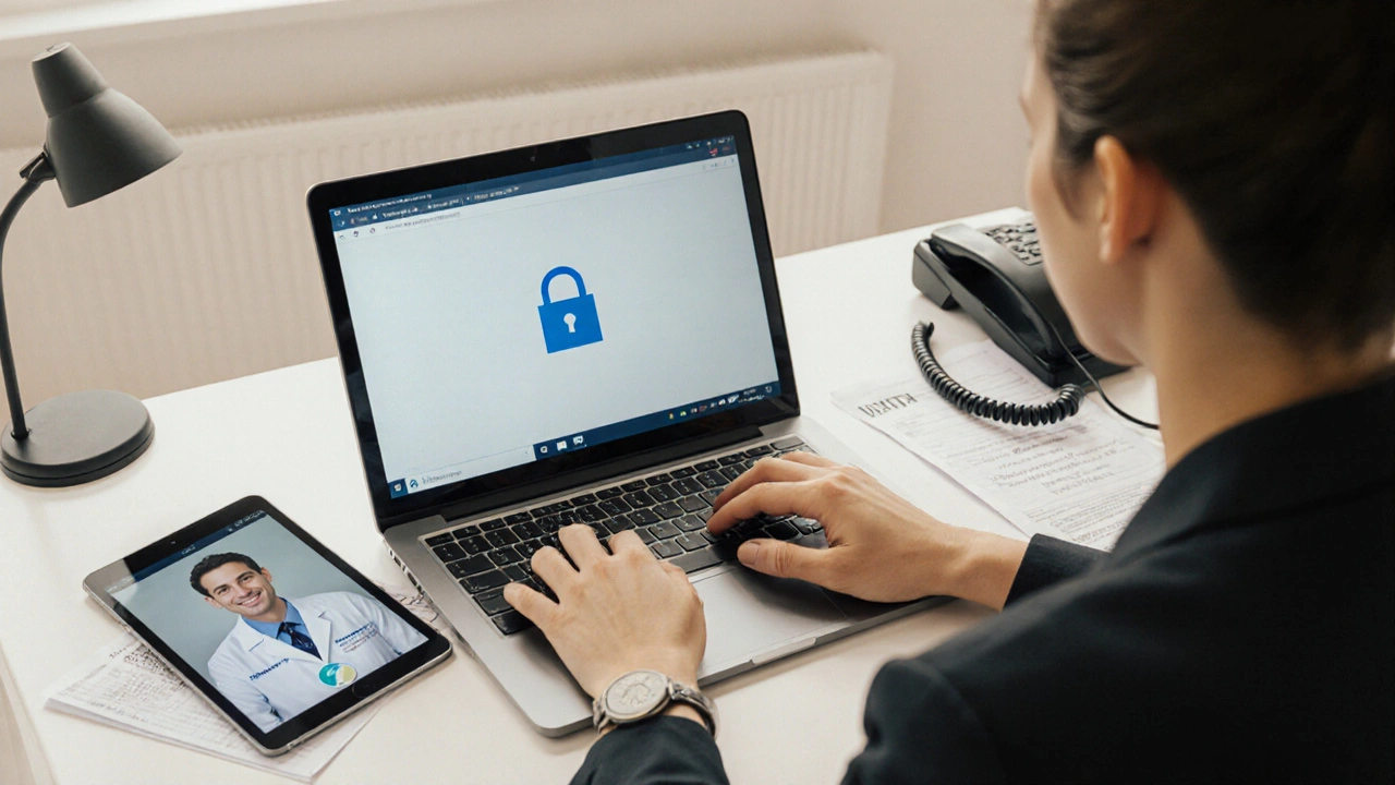 Person verifying online pharmacy on laptop with padlock icon and doctor video call.