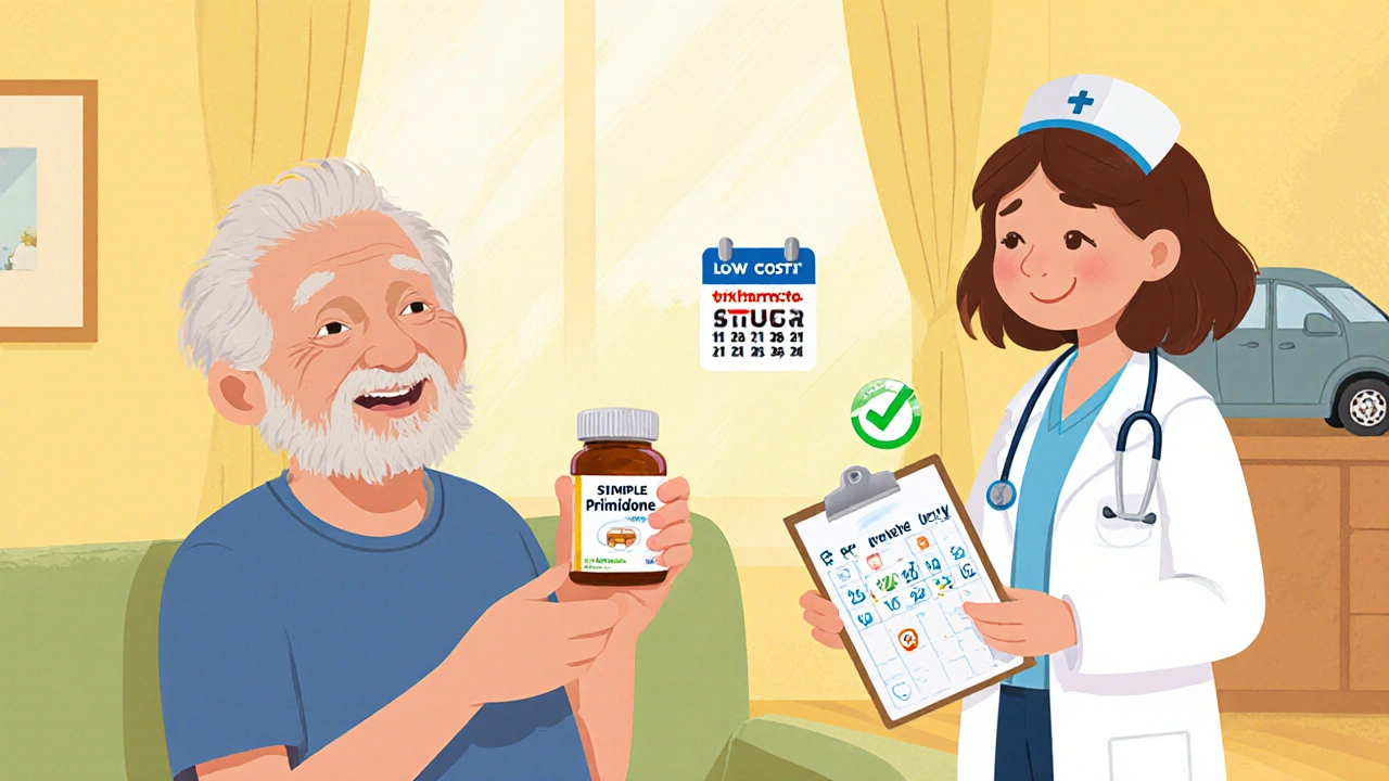Senior holds Primidone bottle, showing reduced tremor, blood test reminder, and safe driving.