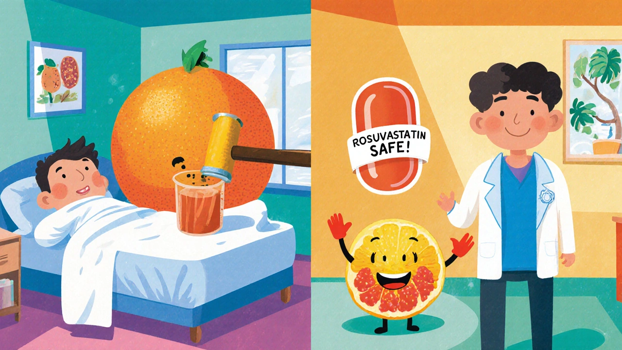 Split scene: one side shows grapefruit knocking out an enzyme, the other shows a safe statin with water beside a friendly grapefruit.