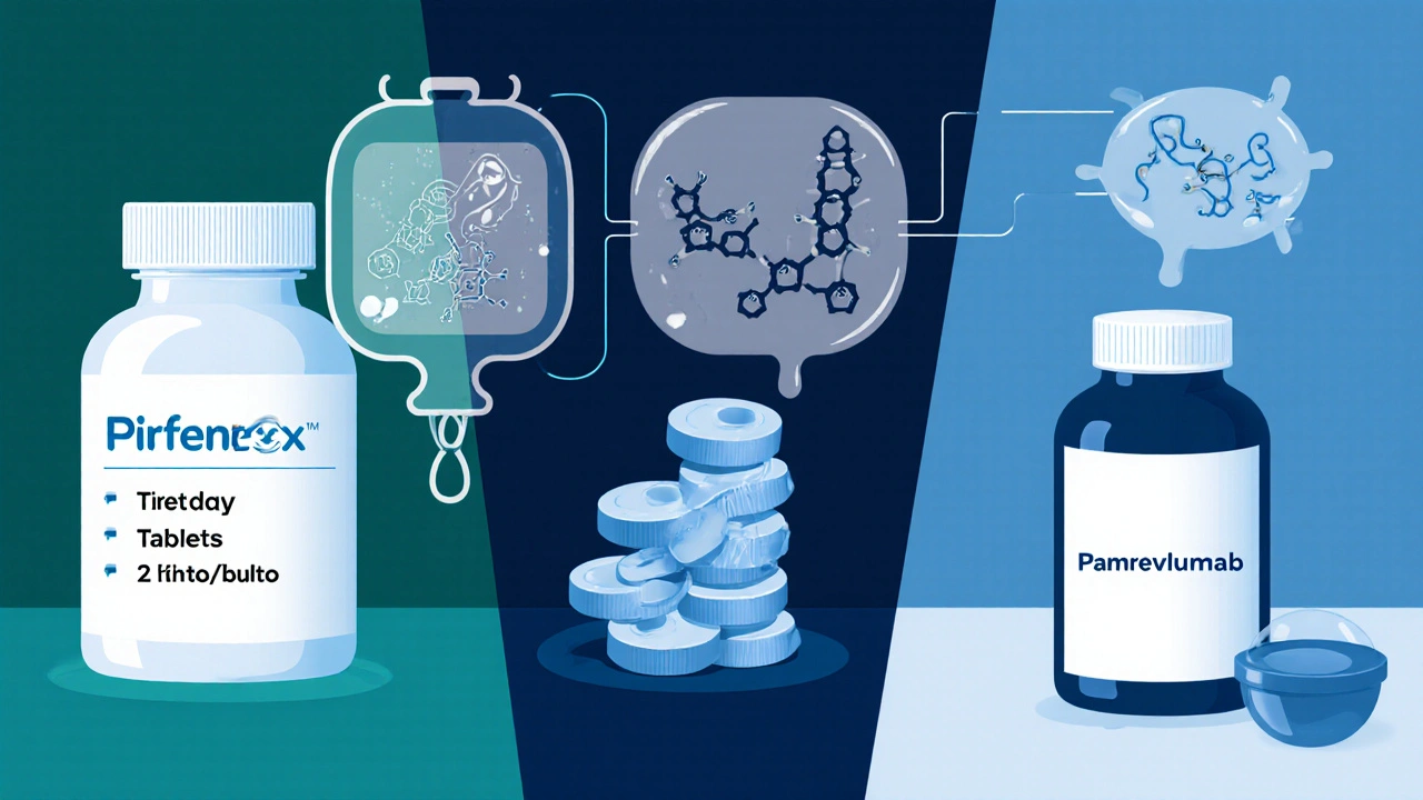 Split scene showing Pirfenex, Nintedanib, NAC pills and Pamrevlumab IV with mechanism icons.