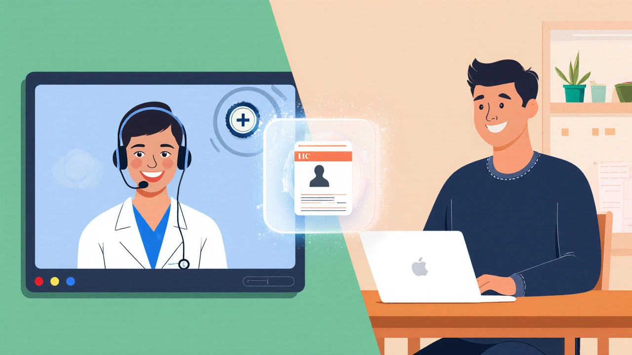 Split-screen illustration of a telehealth video call with doctor and patient, showing prescription and ID icons.