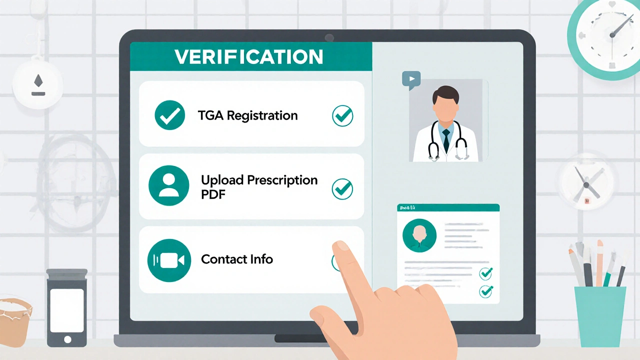 Tablet showing a verification checklist with TGA number, prescription upload, and doctor video call.