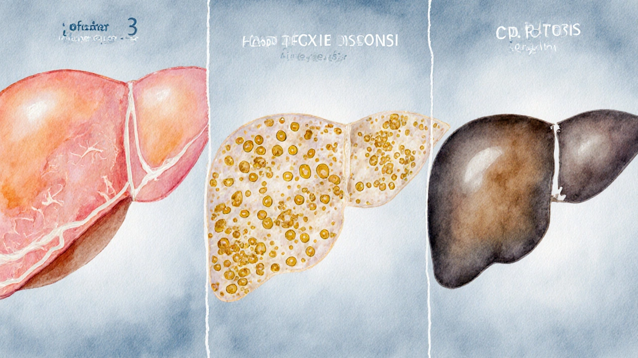 Three‑panel watercolor showing healthy liver, moderate fibrosis with fat, and advanced cirrhosis.