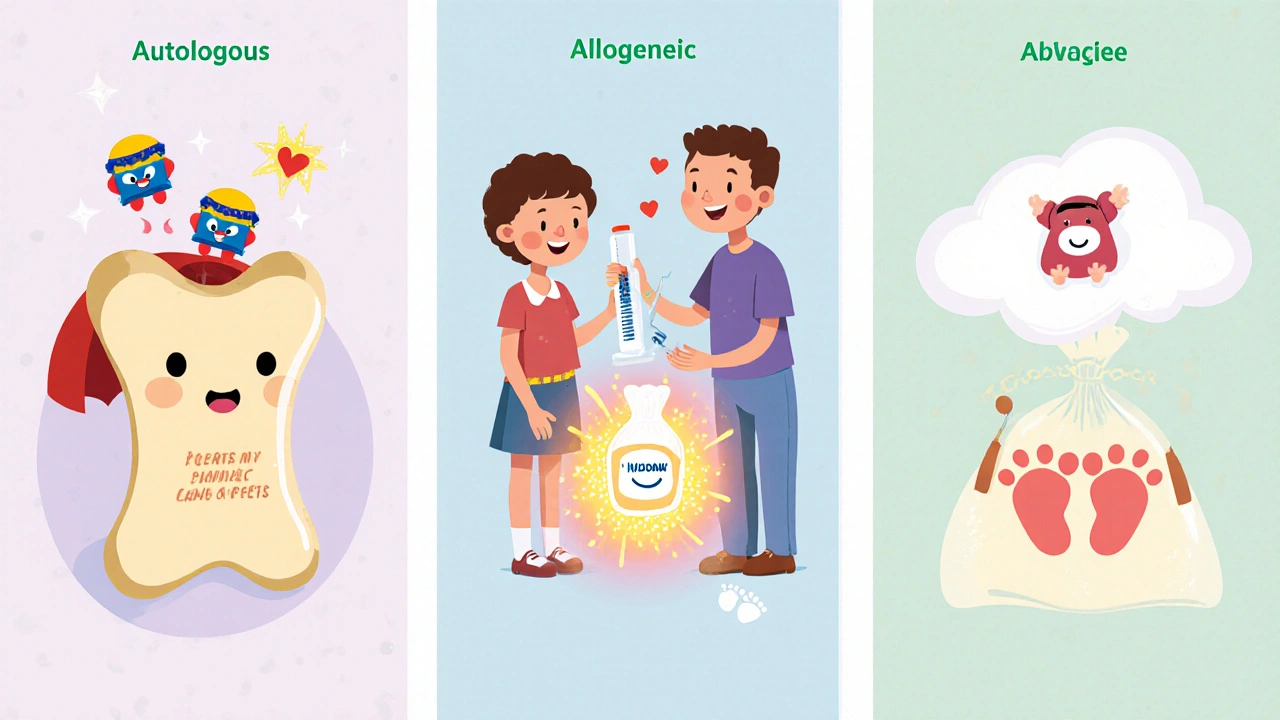 Three panels show autologous, allogeneic, and cord blood stem cells as happy superheroes.