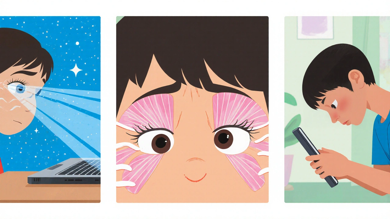 Three panels showing blue‑light rays, eye strain, and neck tension from screen use.