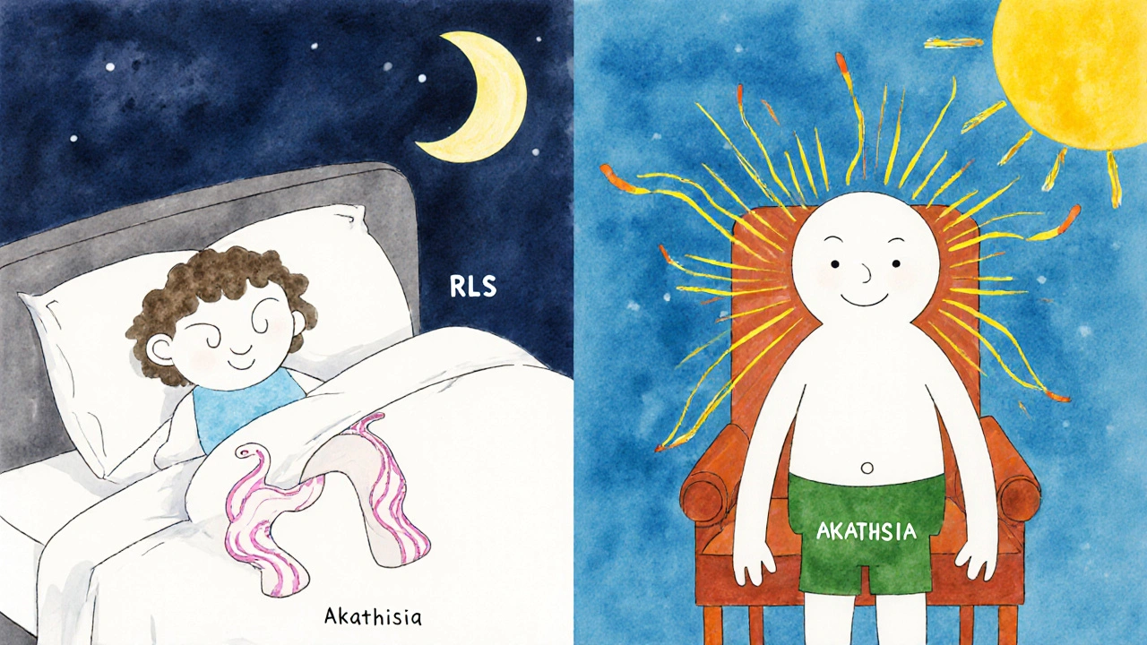 Two characters side by side: one with crawling sensations at night, another with buzzing energy during the day.