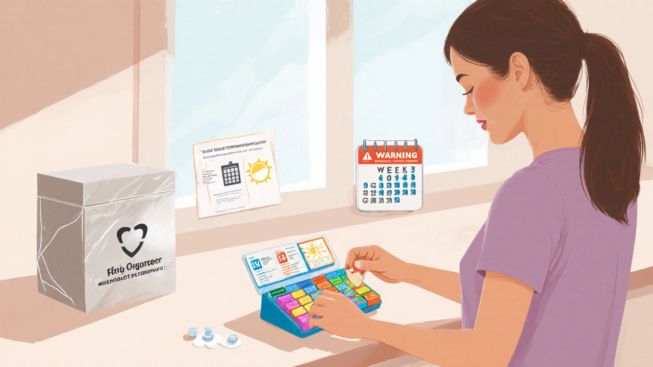 Woman organizing tetracycline pills, calendar, and disposal box in a sunny kitchen.