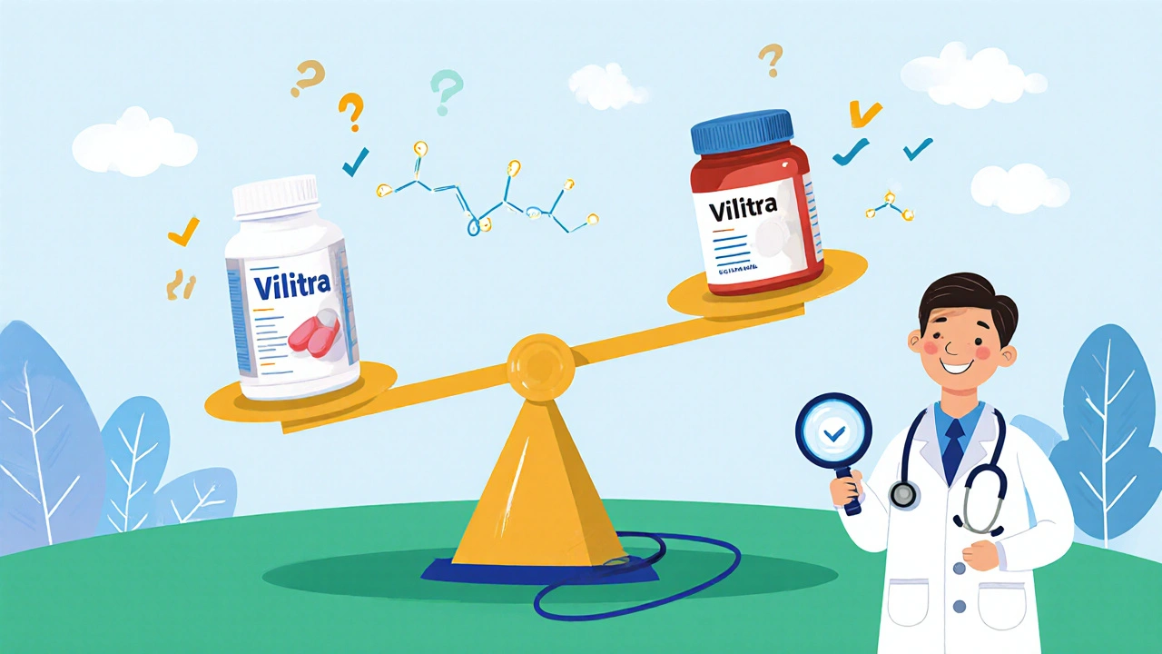 A balanced scale with generic and branded pills, a doctor smiling as identical chemical structures glow.