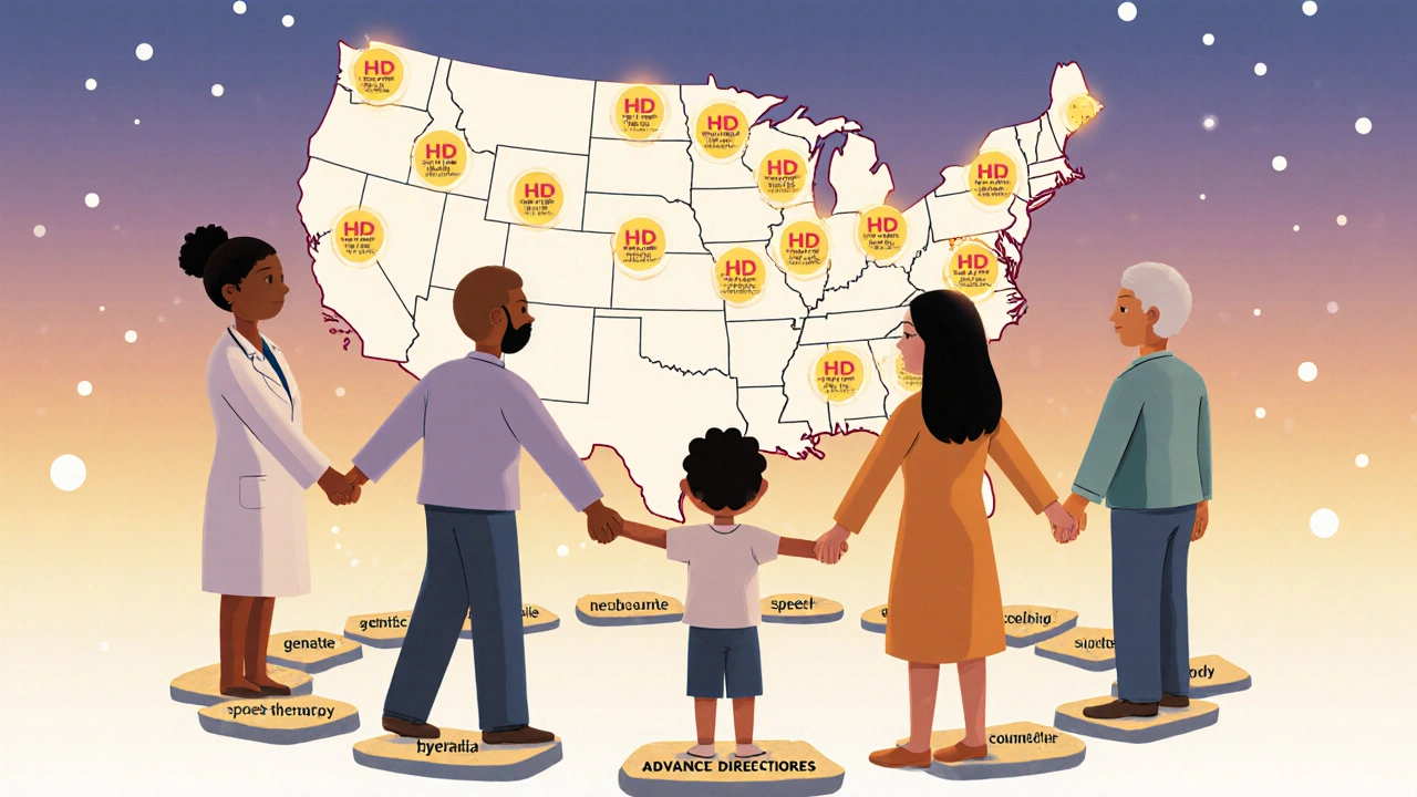 A care team forms a protective circle around a child and older adult, with dots representing HD centers across the U.S.