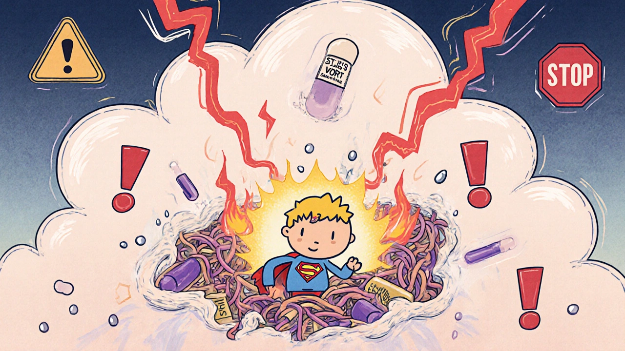 A cartoon serotonin superhero trapped in a storm of pills, surrounded by lightning and fever flames, in a whimsical yet urgent scene.