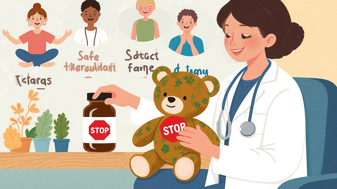 A child and doctor place a STOP sticker on an herbal supplement bottle, while a mural shows safe alternatives like therapy and exercise.