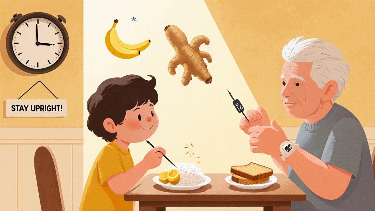 A child and grandparent eat small meals in a cozy kitchen, with ginger and acupuncture symbols nearby.