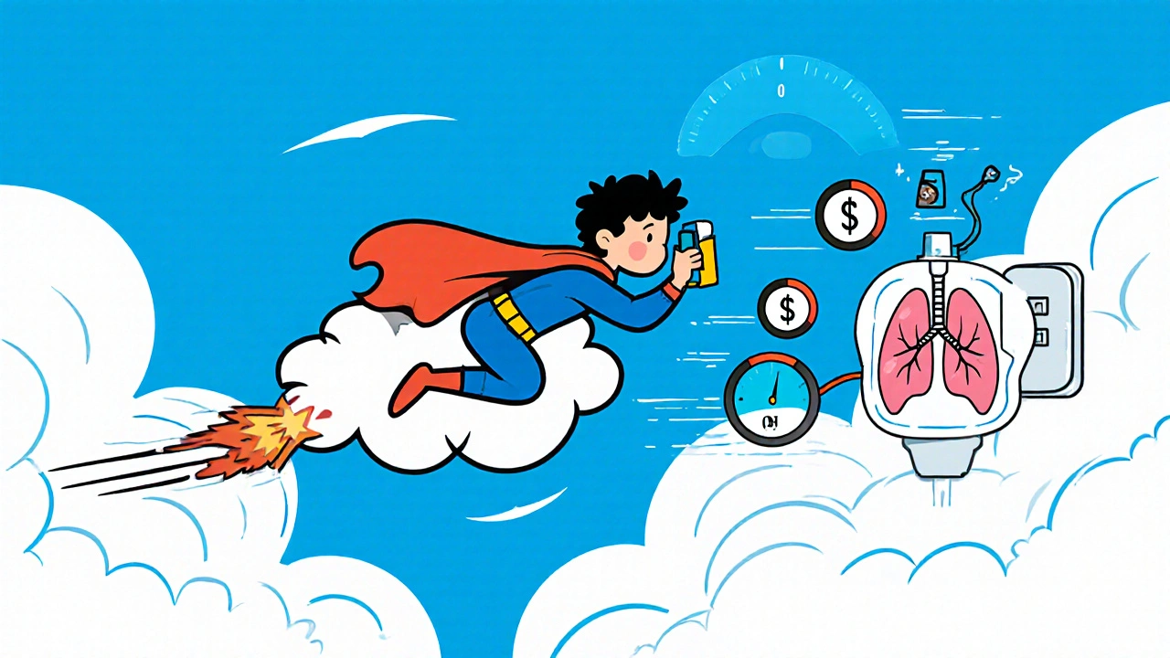 A child flying on a spacer cloud, leaving behind a slow nebulizer with data icons in the sky.