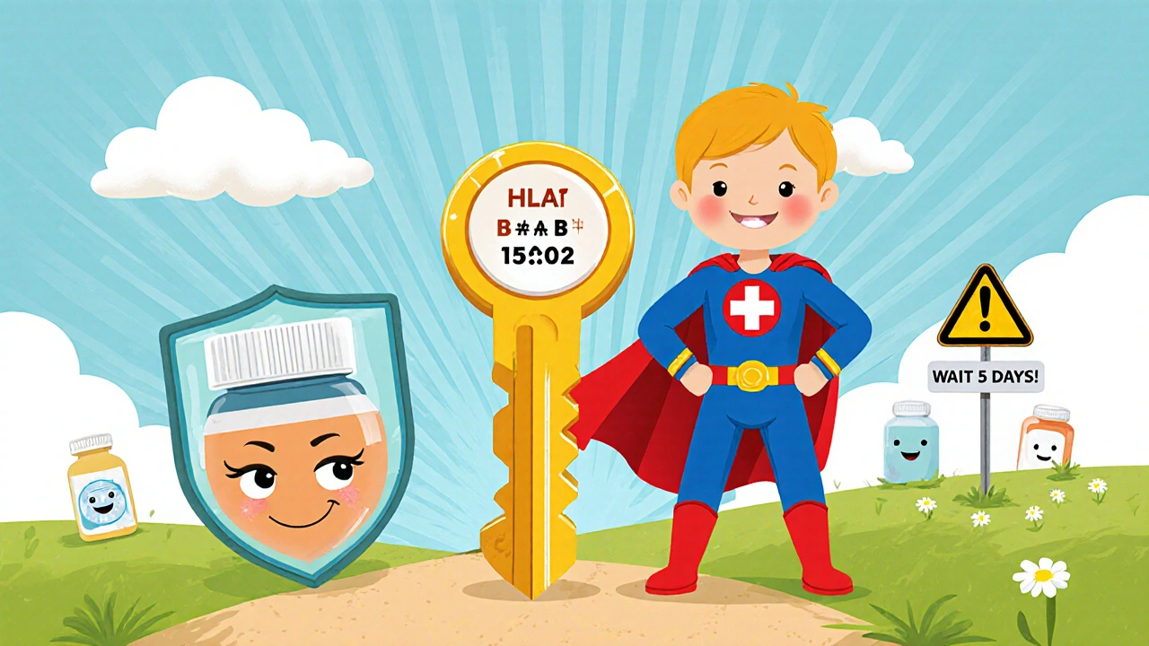 A child in a medical alert bracelet uses a gene key to block dangerous medications with a shield.