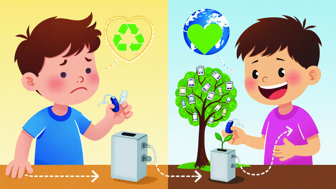 A child struggling with a battery on one side, happily using a charger on the other, with a recycling tree and globe.