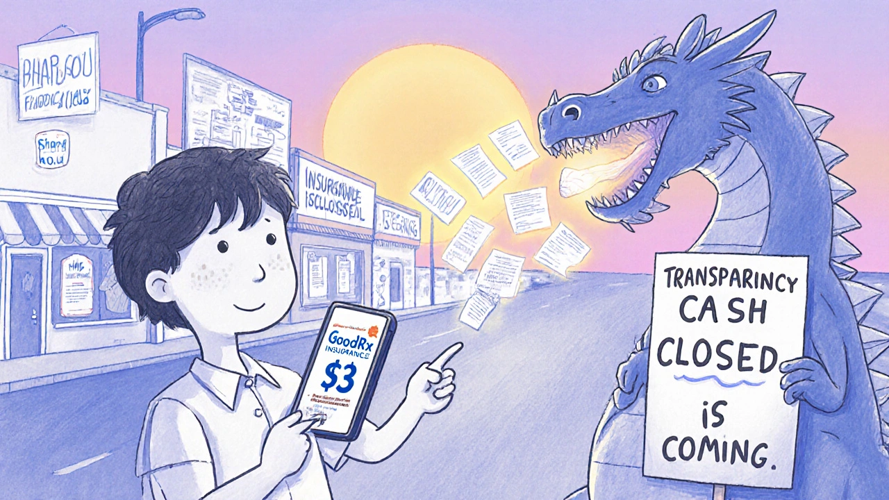 A child uses a price-comparison app as an insurance dragon blows paperwork, with closed pharmacies in the distance.