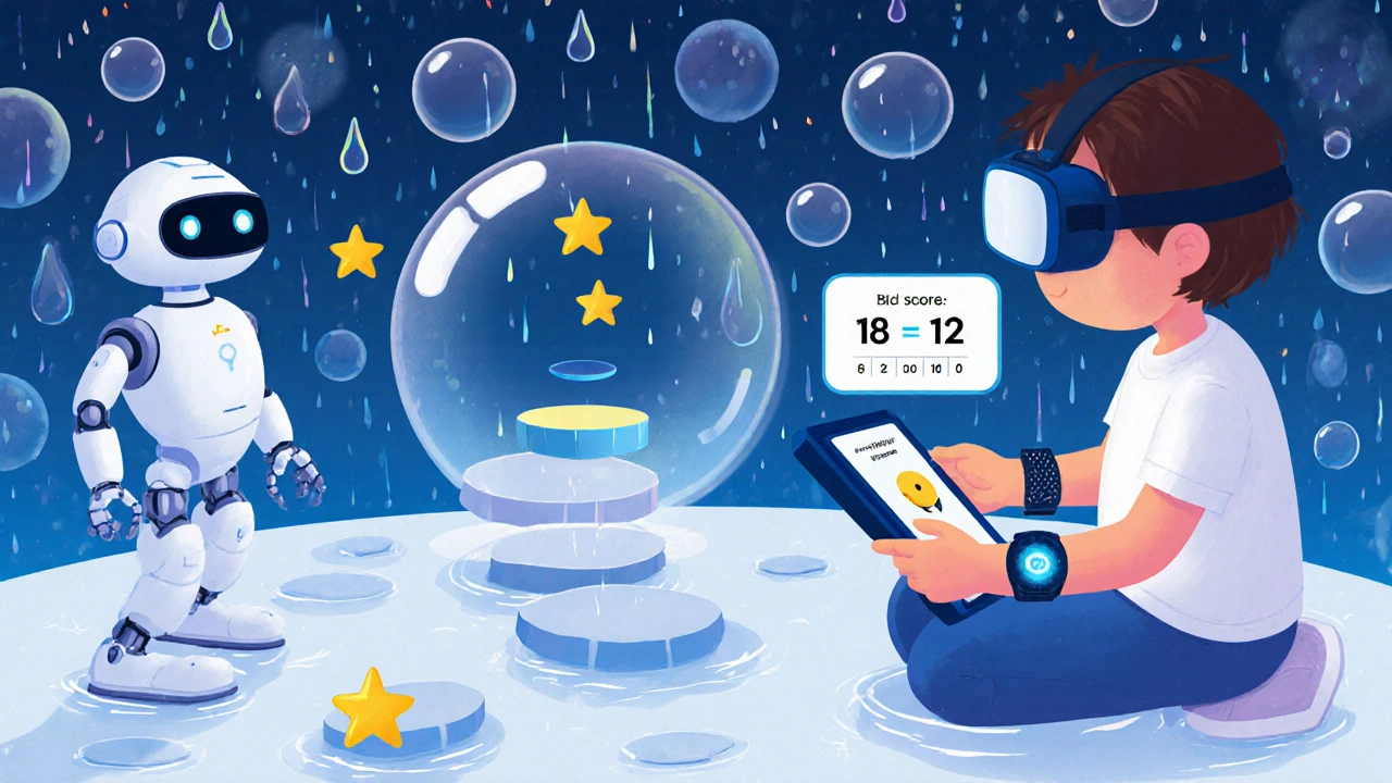 A child using a tablet with a robot guide in a virtual reality world of floating stepping stones, wearable sensors glowing on their wrists.