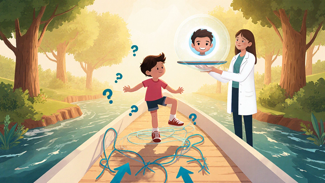 A child walking on a boat-shaped path with tangled arrows around their feet, a therapist holding a glowing balance board nearby.