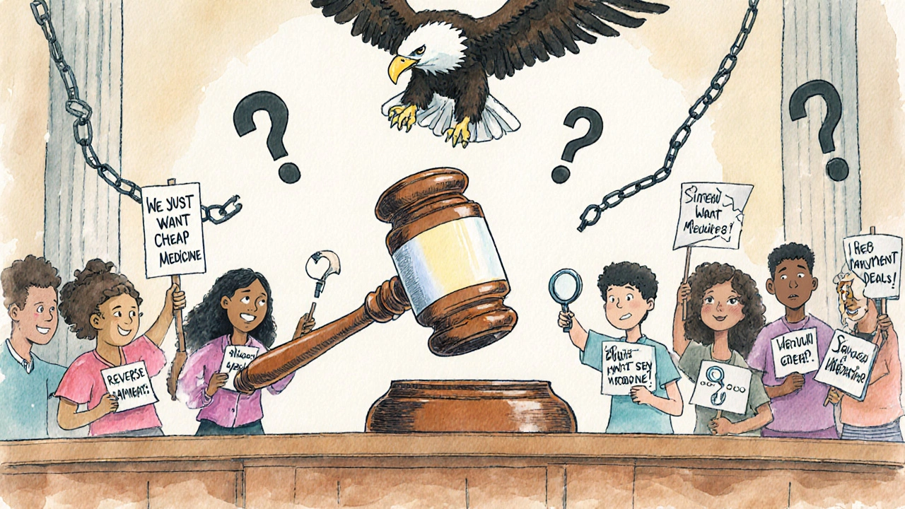 A courtroom with a pill-shaped gavel, broken deals, and patients holding signs demanding affordable medicine.