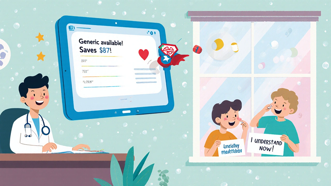 A doctor&#039;s tablet shows a pop-up offering a generic drug with cost savings, while happy patients take their medicine.